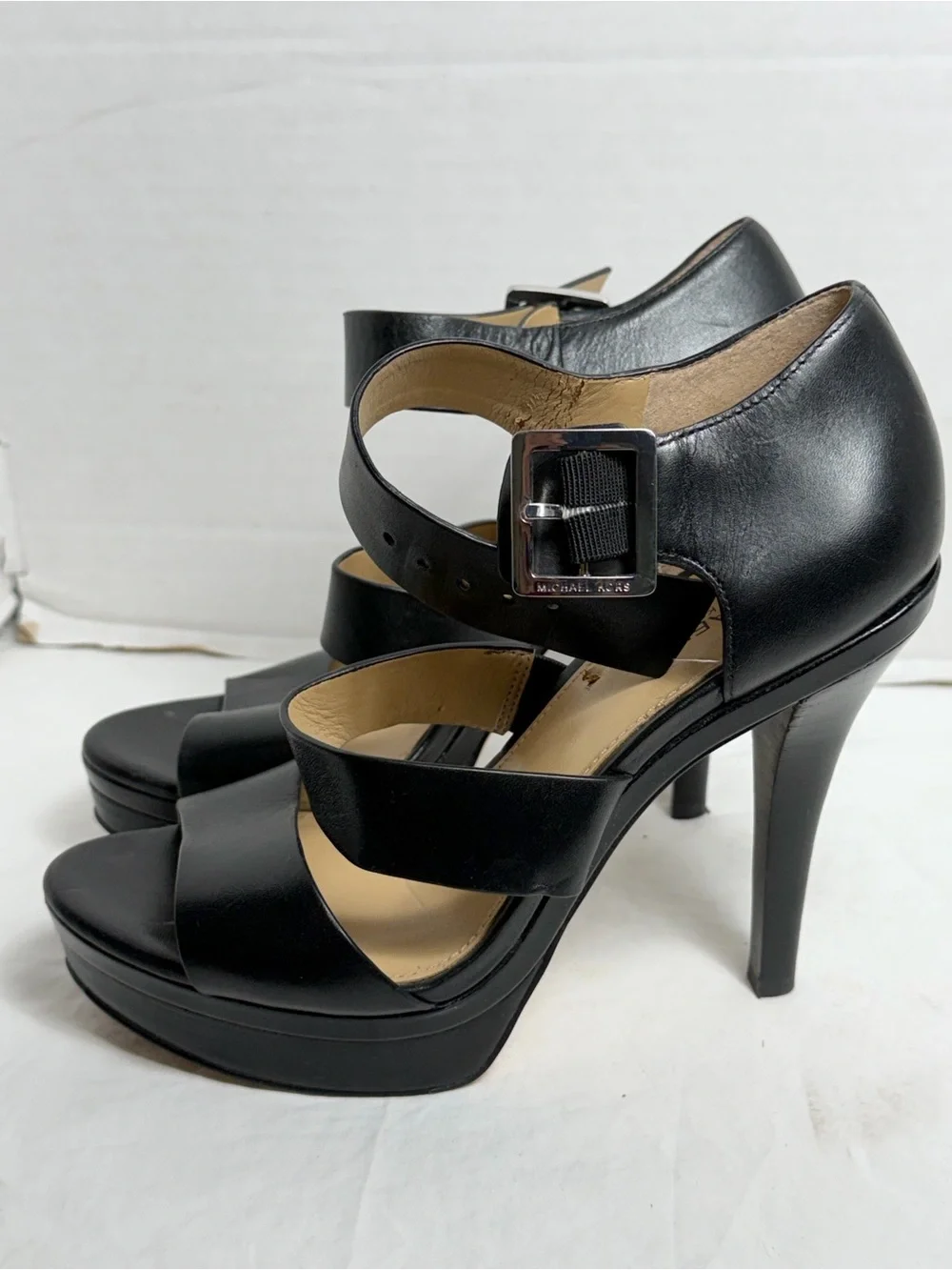 Michael Kors Black Leather Strappy Heeled Sandals with Silver Buckle